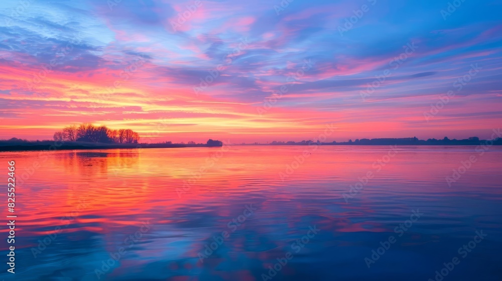fiery sunrise reflecting on calm river surface vibrant natural landscape photography