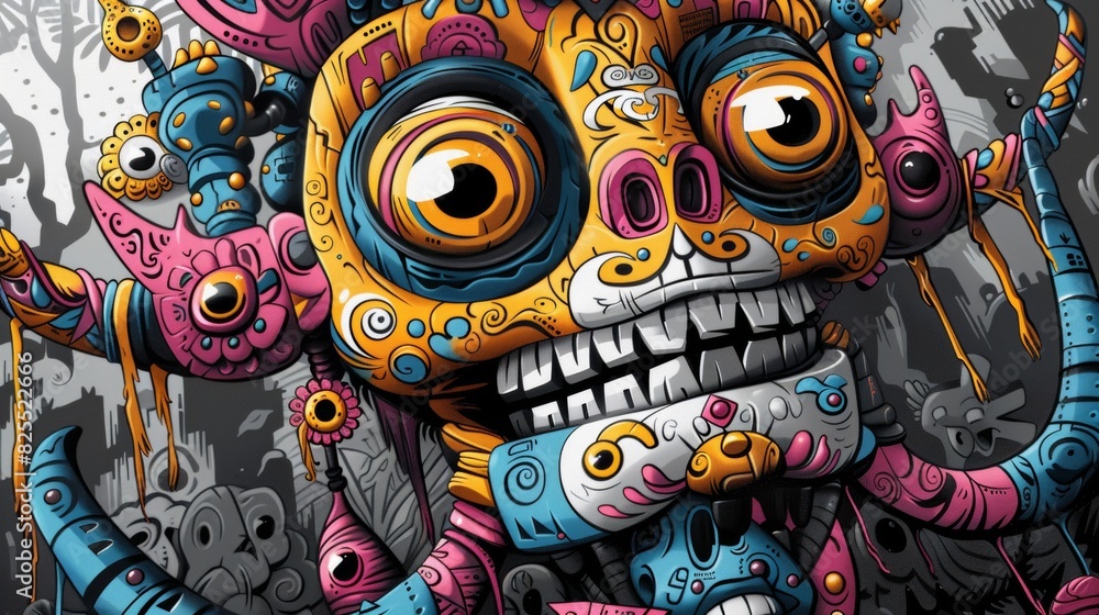A colorful painting of a skull with many eyes and horns, AI