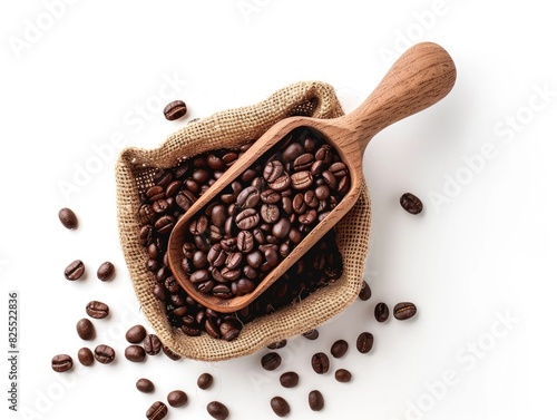 Caffe Mocha. Hot Drink Beans in White Bag, Isolated on Background - Cup of Latte Shape photo