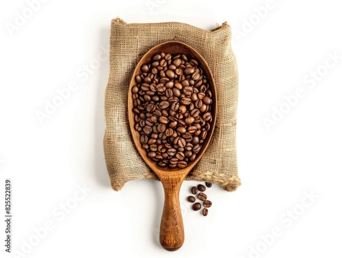 Caffe Mocha. Top View of Coffee Beans in a Bag Isolated on White Background photo