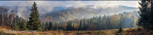 A panoramic view of the Carpathian Mountains  with dense forests and high mountain peaks shrouded in mist Generative AI
