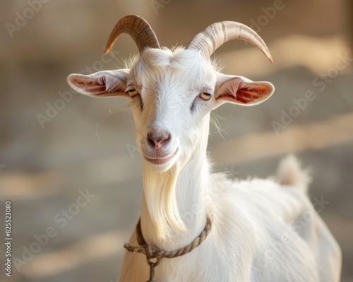 Dairy Goat. White Goat with Horns and Milk Udder on a Farm Background