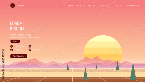 Modern trendy landing page vector design template. Red desert morning background