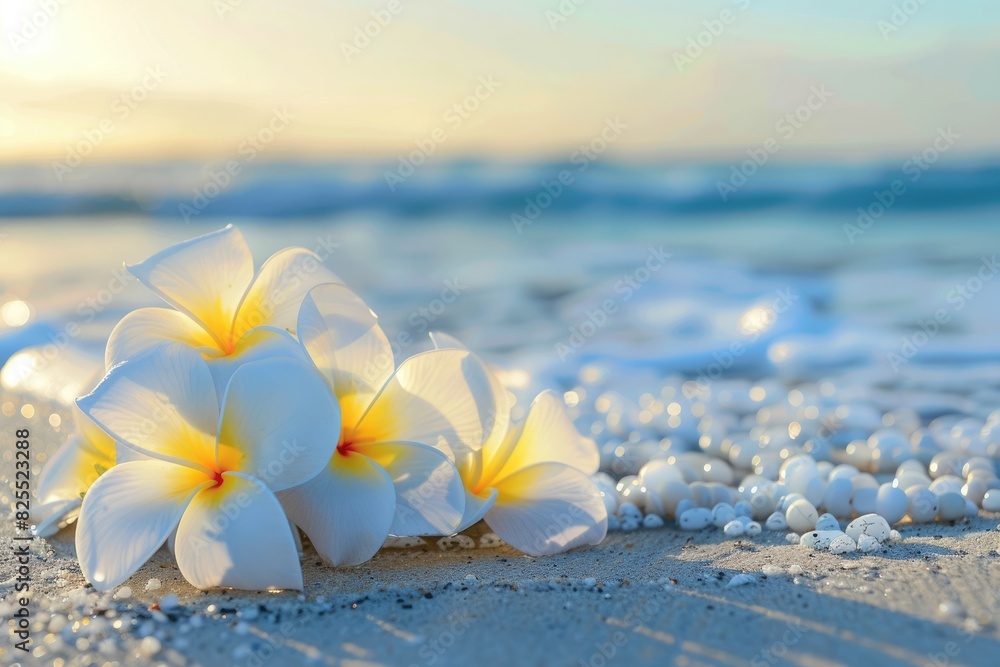 Flowers on the Beach. Frangipani Blossoms Under Bright Sunshine on Ocean Background Flowers on the Beach. Frangipani Blossoms Under Bright Sunshine on Ocean Background