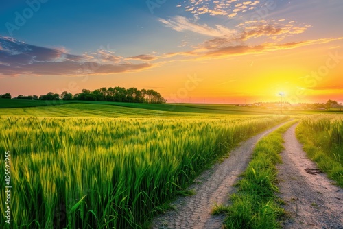 Fields Country Road. Natural Scenery of Green Wheat Fields and Country Road at Sunset