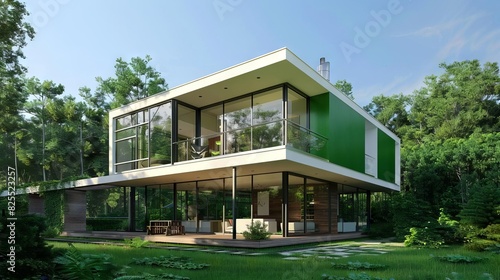 lush green modern twostory house with large windows and balcony 3d illustration © furyon