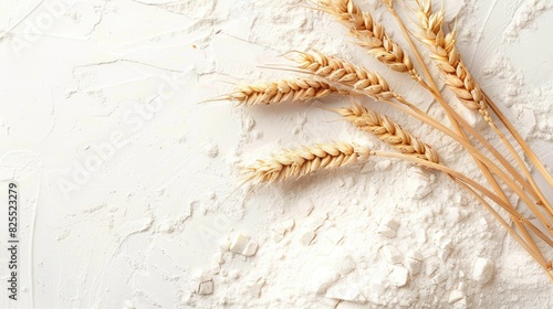 Flour Wheat. Ingredients for Baking in Culinary Background with Ears of Wheat