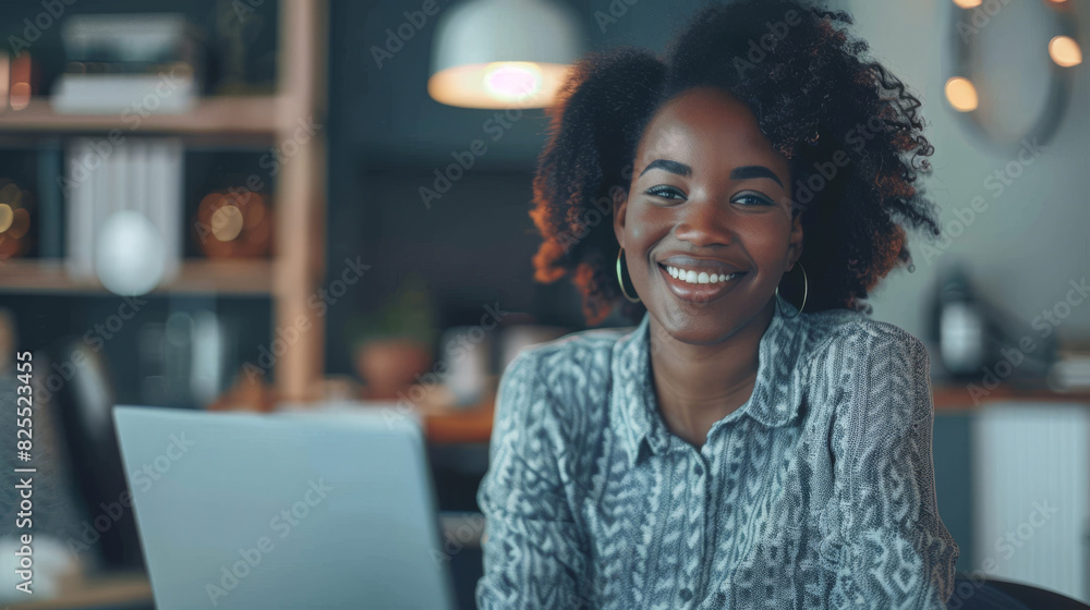 Happy young woman working on her laptop at a contemporary office desk Happy young woman working on her laptop at a contemporary office desk