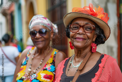 Two women wearing colorful clothing and hats are smiling for the camera