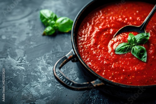 Italian Tomato Sauce. Closeup of Chopped Tomatoes with Basil in Black Metal Pan photo