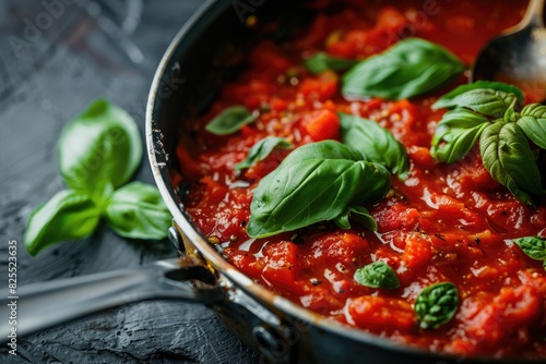 Italian Tomato Sauce. Cooking Basil Tomato Sauce in Black Metal Pan photo