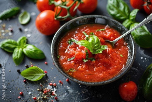 Italian Tomato Sauce. Cooking Background with Basil Leaves and Closeup of Chopped Tomatoes