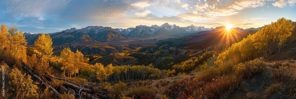 October Landscape. Sunrise View of Autumn Aspen Trees at Dallas Divide Overlooking Rocky Mountains