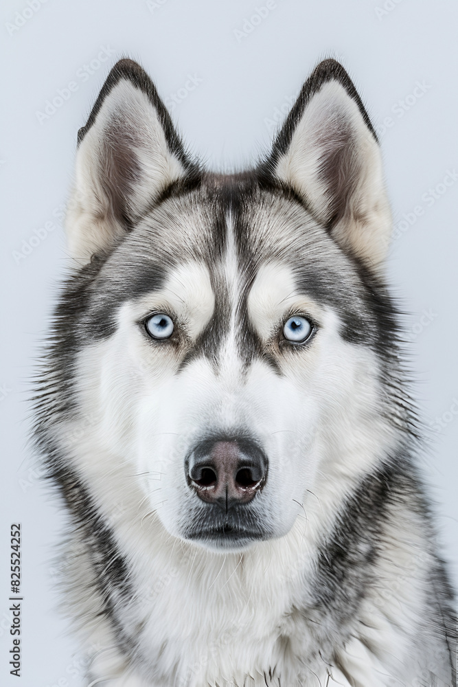 Studio portrait photo of a Siberian Husky on a white background. Close-up, front view. Studio portrait photo of a Siberian Husky on a white background. Close-up, front view.