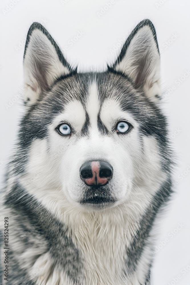 Studio portrait photo of a Siberian Husky on a white background. Close-up, front view. Studio portrait photo of a Siberian Husky on a white background. Close-up, front view.