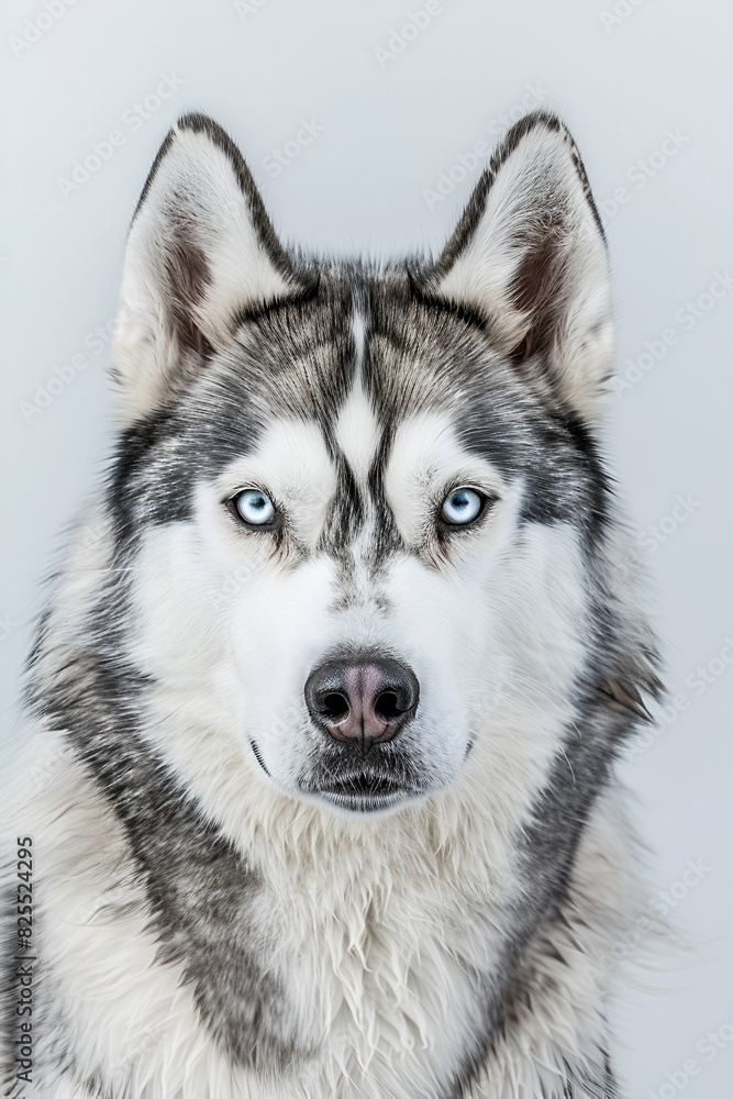 Studio portrait photo of a Siberian Husky on a white background. Close-up, front view. Studio portrait photo of a Siberian Husky on a white background. Close-up, front view.