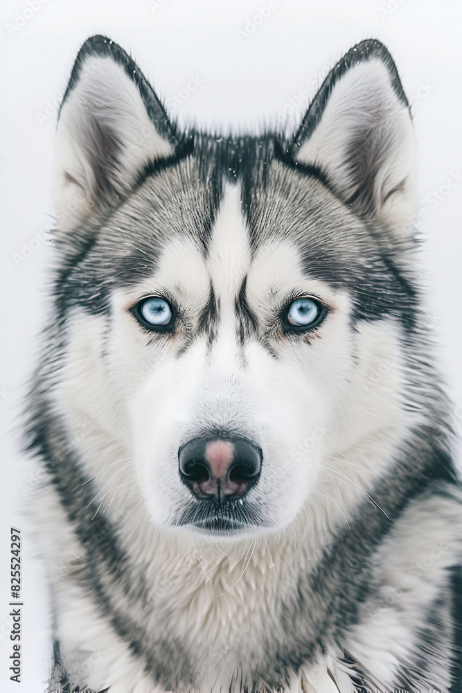 Studio portrait photo of a Siberian Husky on a white background. Close-up, front view. Studio portrait photo of a Siberian Husky on a white background. Close-up, front view.