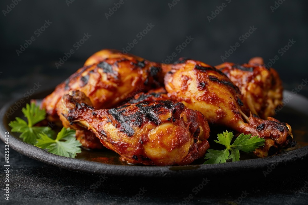 Huli huli chicken - Hawaiian grilled barbecue chicken drumsticks on a plate Huli huli chicken - Hawaiian grilled barbecue chicken drumsticks on a plate