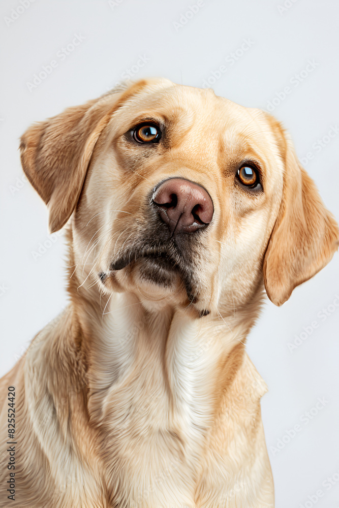 Studio portrait photo of a fawn Labrador Retriever against a white background. Close-up, frontal view. Studio portrait photo of a fawn Labrador Retriever against a white background. Close-up, frontal view.