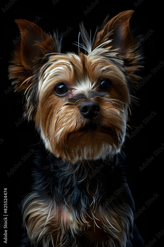 Studio portrait photo of a Yorkshire terrier on a black background. Close-up, full-face Studio portrait photo of a Yorkshire terrier on a black background. Close-up, full-face