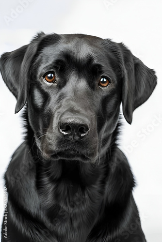 Studio portrait photo of a black Labrador Retriever on a white background. Close-up