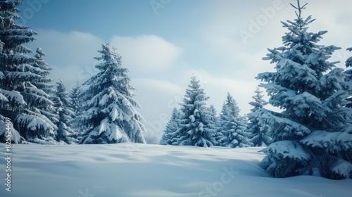 Snow Landscape Pine Trees. Winter Wonderland Background with Snow-Covered Fir Trees