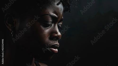sad black woman crying depression and mental health crisis dark studio portrait