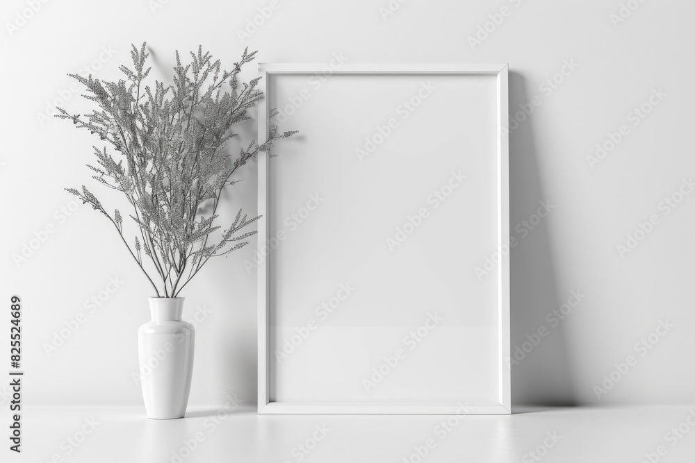 White Frame Mockup. Minimalist Gallery Poster Picture on White Wall White Frame Mockup. Minimalist Gallery Poster Picture on White Wall