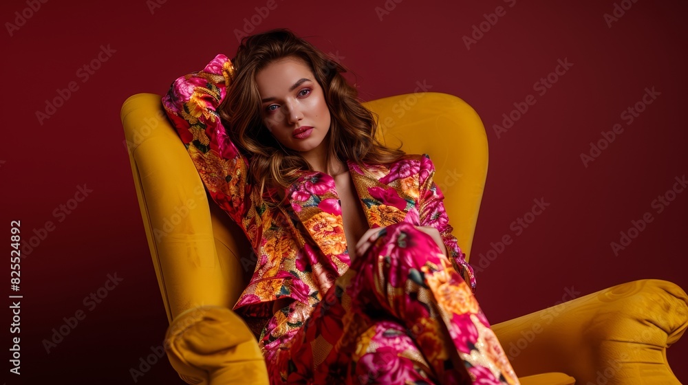 Woman in Vibrant Floral Suit. Generative AI. Woman in Vibrant Floral Suit. Generative AI.