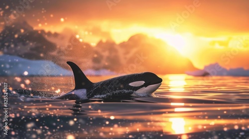 Winter Ocean. Orca Killer Whale in Norway Fiords at Sunset, Wildlife Nature Scene