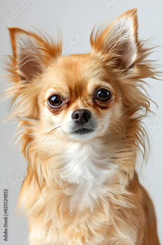 Studio portrait photo of a Chihuahua on a white background. Close-up, full-face.