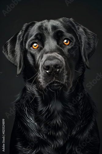 Studio portrait photo of a black Labrador Retriever on a black background. Close-up  full-face