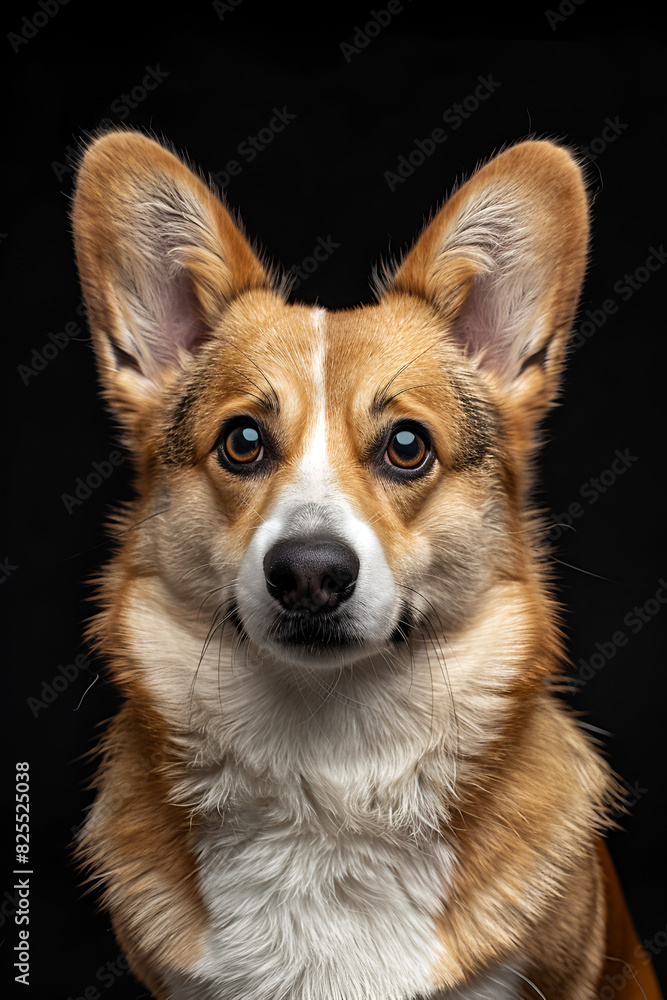 Studio portrait photo of a Corgi on a black background. Close-up, full-face Studio portrait photo of a Corgi on a black background. Close-up, full-face