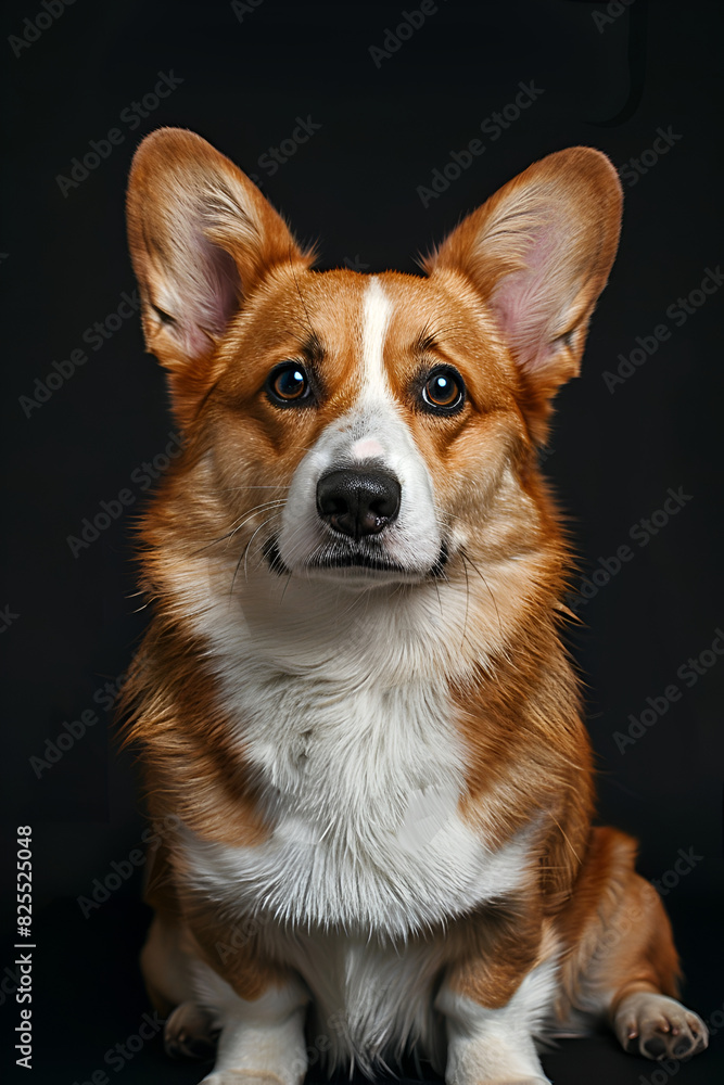 Studio portrait photo of a Corgi on a black background. Close-up, full-face Studio portrait photo of a Corgi on a black background. Close-up, full-face