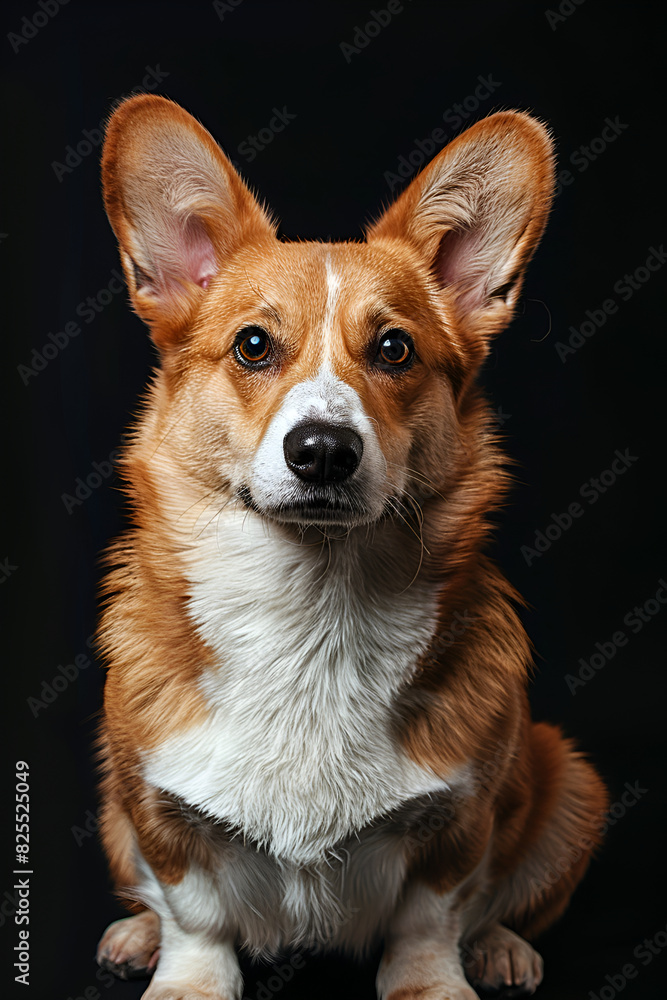 Studio portrait photo of a Corgi on a black background. Close-up, full-face Studio portrait photo of a Corgi on a black background. Close-up, full-face