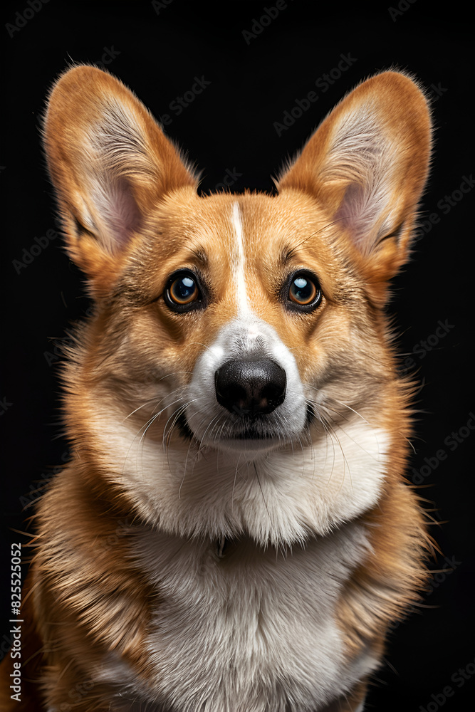 Studio portrait photo of a Corgi on a black background. Close-up, full-face Studio portrait photo of a Corgi on a black background. Close-up, full-face