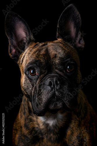 Studio portrait photo of a French bulldog on a black background. Close-up, full-face.