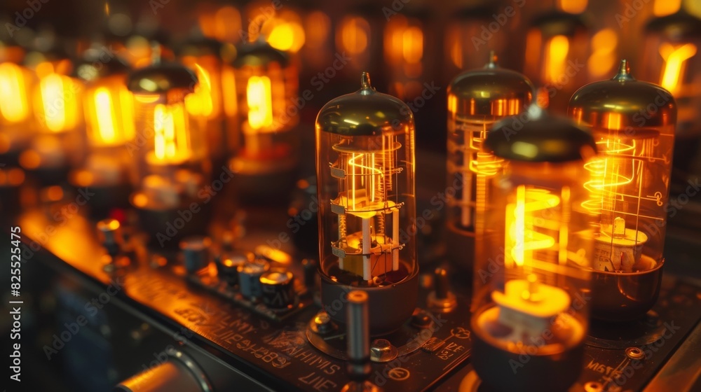The warm glow of vacuum tubes emanates from a vintage amplifier drawing attention to its impeccable sound quality. The warm glow of vacuum tubes emanates from a vintage amplifier drawing attention to its impeccable sound quality.