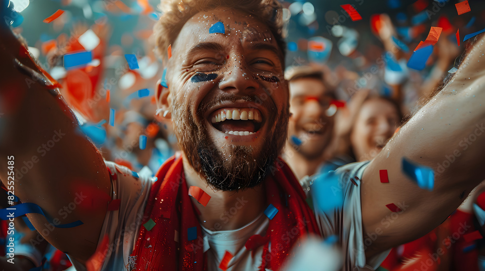A Man With Face Paint Celebrates With His Teammates In a Crowd of People A Man With Face Paint Celebrates With His Teammates In a Crowd of People