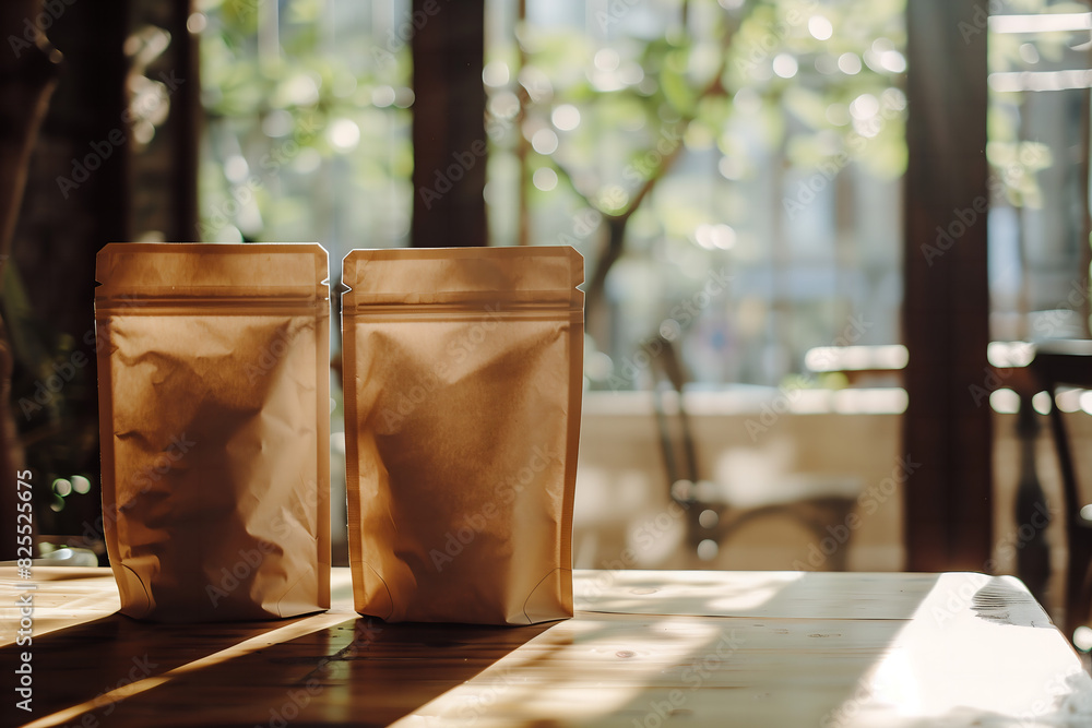 Two brown ziplock design product packaging template bag blank empty mockup stand up on wooden table, front and back view. Two brown ziplock design product packaging template bag blank empty mockup stand up on wooden table, front and back view.
