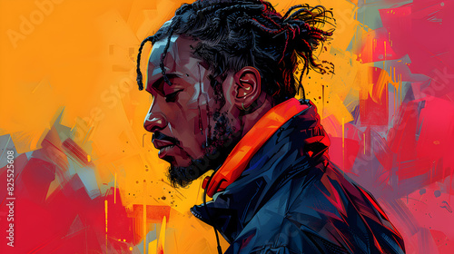 Digital Art Portrait of a Man with a Blue Jacket Against a Colorful Abstract Background