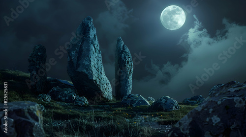 Show a scene of stones under the moonlight, creating a mystical ambiance. realistic hyperrealistic