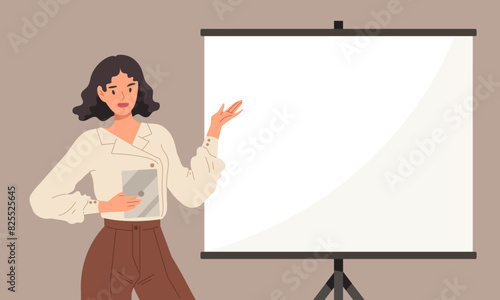 Young working woman holding tablet and presenting project of work. Concept of office working, creative work, meeting, conference, job, business presentation, communication. Flat vector illustration.