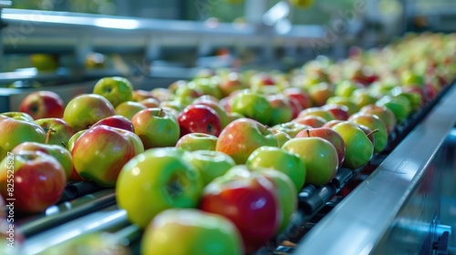 View of mature apples on sorting production line conveyor belt at the apple factory photo