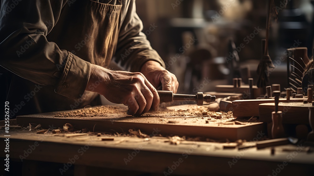 Close-up of a craftsman working with tools in a workshop, showcasing detailed craftsmanship Close-up of a craftsman working with tools in a workshop, showcasing detailed craftsmanship
