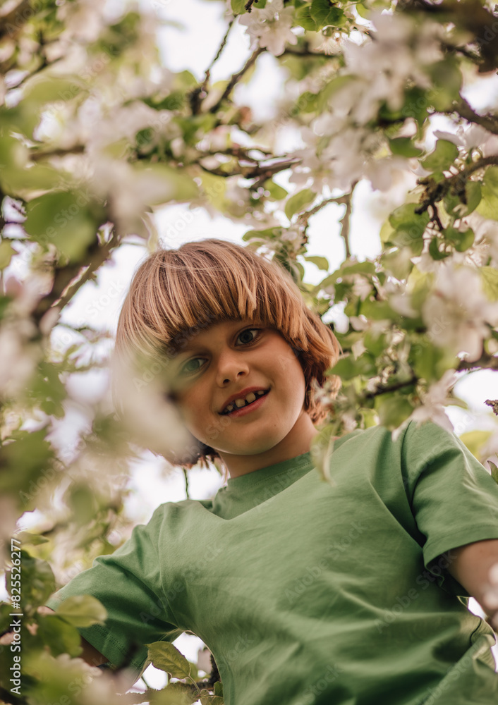 portrait of a child playing in an apple orchard in spring portrait of a child playing in an apple orchard in spring
