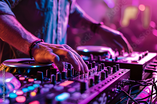 Close-up of DJ's hands behind the console in a club atmosphere.