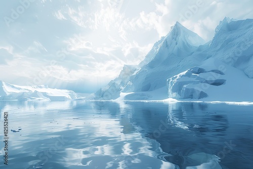 Several icebergs float on the surface of cold Arctic waters, showcasing a stark and frozen landscape. Generative AI