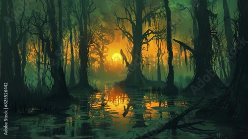 bewitching halloween swamp with eerie atmosphere horror illustration digital painting