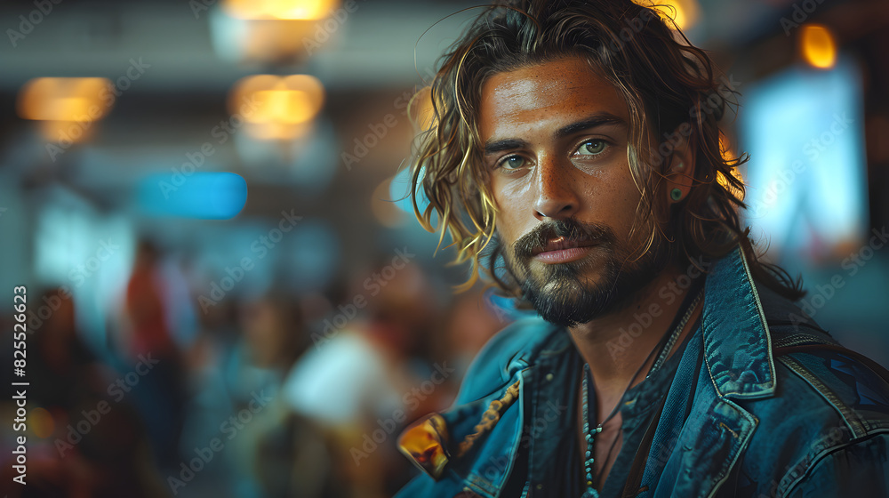 Close-up Portrait of a Man with a Beard and Long Hair, Looking Intensely at the Camera Close-up Portrait of a Man with a Beard and Long Hair, Looking Intensely at the Camera
